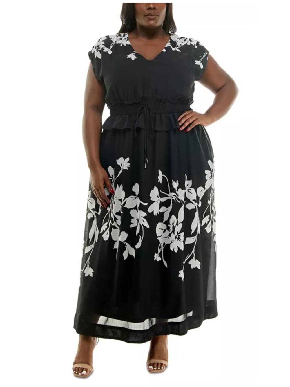 TAYLOR Sheer Lined Short Sleeve Peplum V-Neck Maxi Dress Floral Blk/Wht 18W NWT - Picture 1 of 12